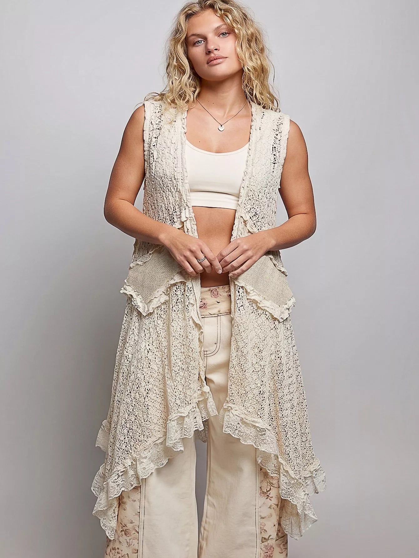 Primakind Vintage Wash Ruffled Crochet Vest Cardigan | Solid Color