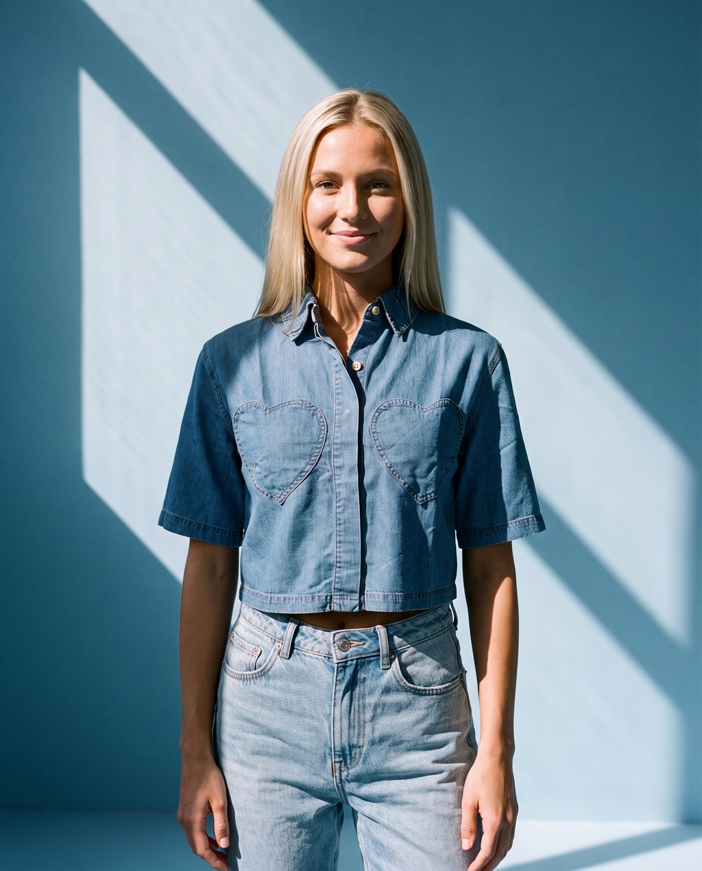 Primakind Women's Short-Sleeve Denim Crop Shirt