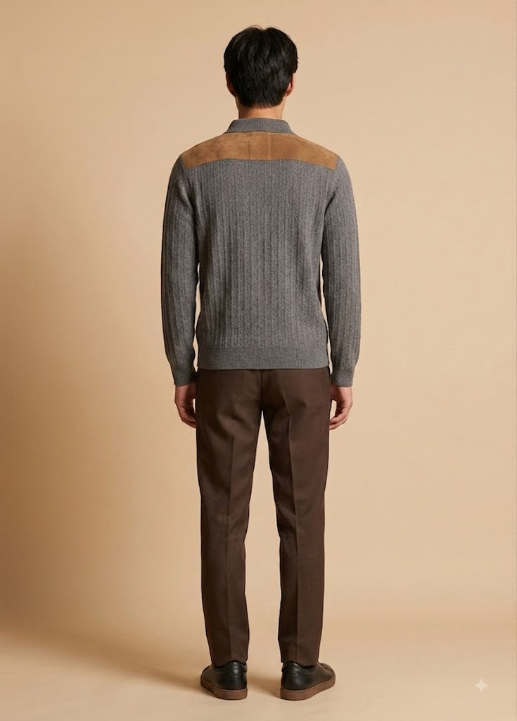 Primakind Men's Knit Polo Sweater With Shoulder Patches