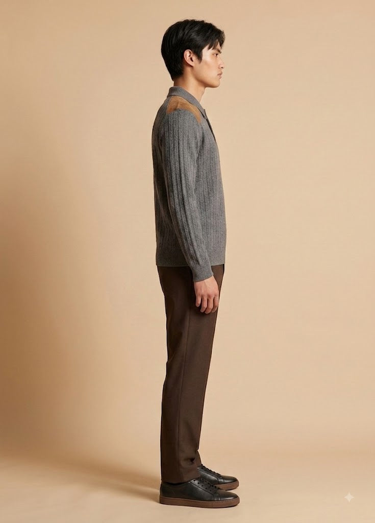 Primakind Men's Knit Polo Sweater With Shoulder Patches