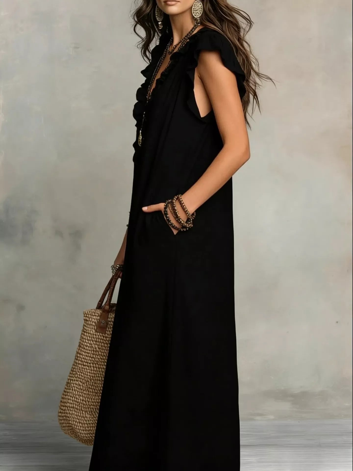 Primakind Full Size Ruffled V-Neck Cap Sleeve Maxi Dress Plus Size