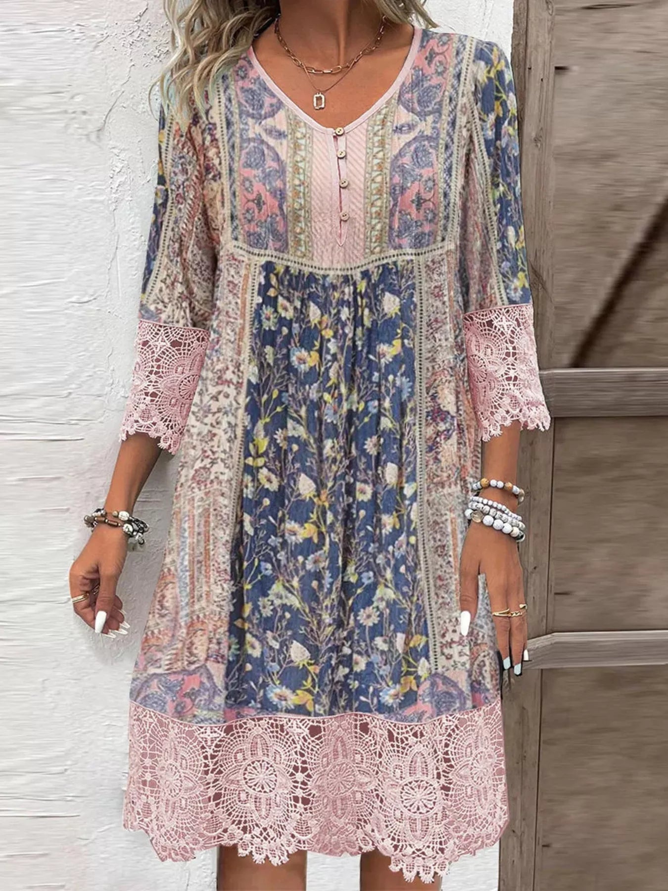Primakind Full Size Floral Lace Trim V-Neck Dress Plus Size