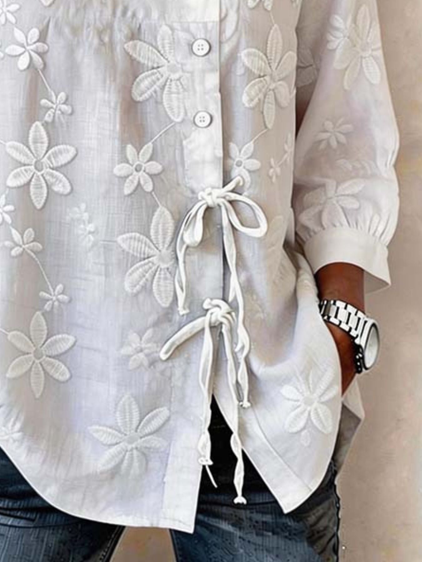 Primakind Full Size Floral Embroidered Button-Down Shirt Plus Size