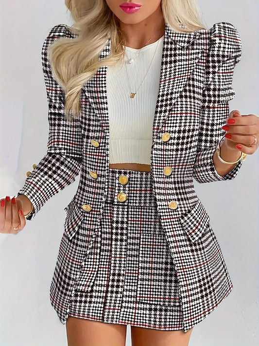 Ladies Fashion Casual Slim Suit Two-piece Plus-size Suit, Plaid Pattern Elegant Skirt Suit With Buttons, Lapel Long Sleeve Suit Jacket And High Waist Skirt, Plus-size Women'S Wear Amazon Don't Sell