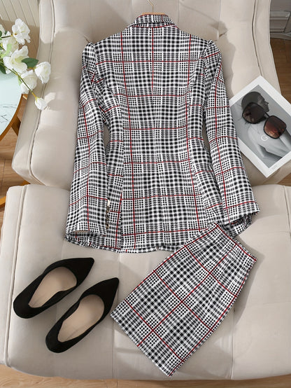 Ladies Fashion Casual Slim Suit Two-piece Plus-size Suit, Plaid Pattern Elegant Skirt Suit With Buttons, Lapel Long Sleeve Suit Jacket And High Waist Skirt, Plus-size Women'S Wear Amazon Don't Sell