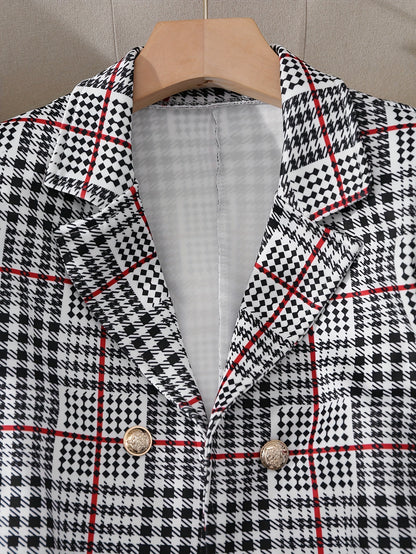 Ladies Fashion Casual Slim Suit Two-piece Plus-size Suit, Plaid Pattern Elegant Skirt Suit With Buttons, Lapel Long Sleeve Suit Jacket And High Waist Skirt, Plus-size Women'S Wear Amazon Don't Sell