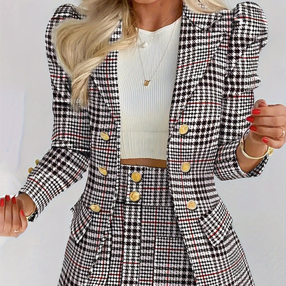 Ladies Fashion Casual Slim Suit Two-piece Plus-size Suit, Plaid Pattern Elegant Skirt Suit With Buttons, Lapel Long Sleeve Suit Jacket And High Waist Skirt, Plus-size Women'S Wear Amazon Don't Sell