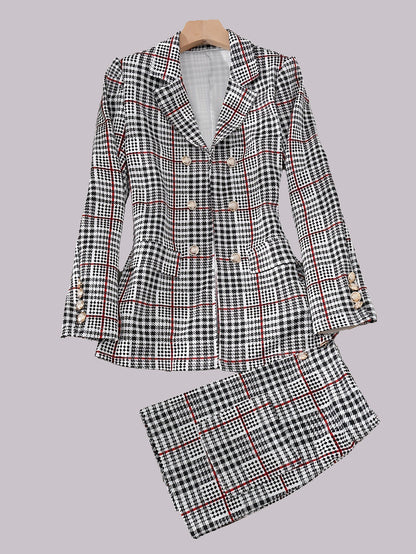 Ladies Fashion Casual Slim Suit Two-piece Plus-size Suit, Plaid Pattern Elegant Skirt Suit With Buttons, Lapel Long Sleeve Suit Jacket And High Waist Skirt, Plus-size Women'S Wear Amazon Don't Sell