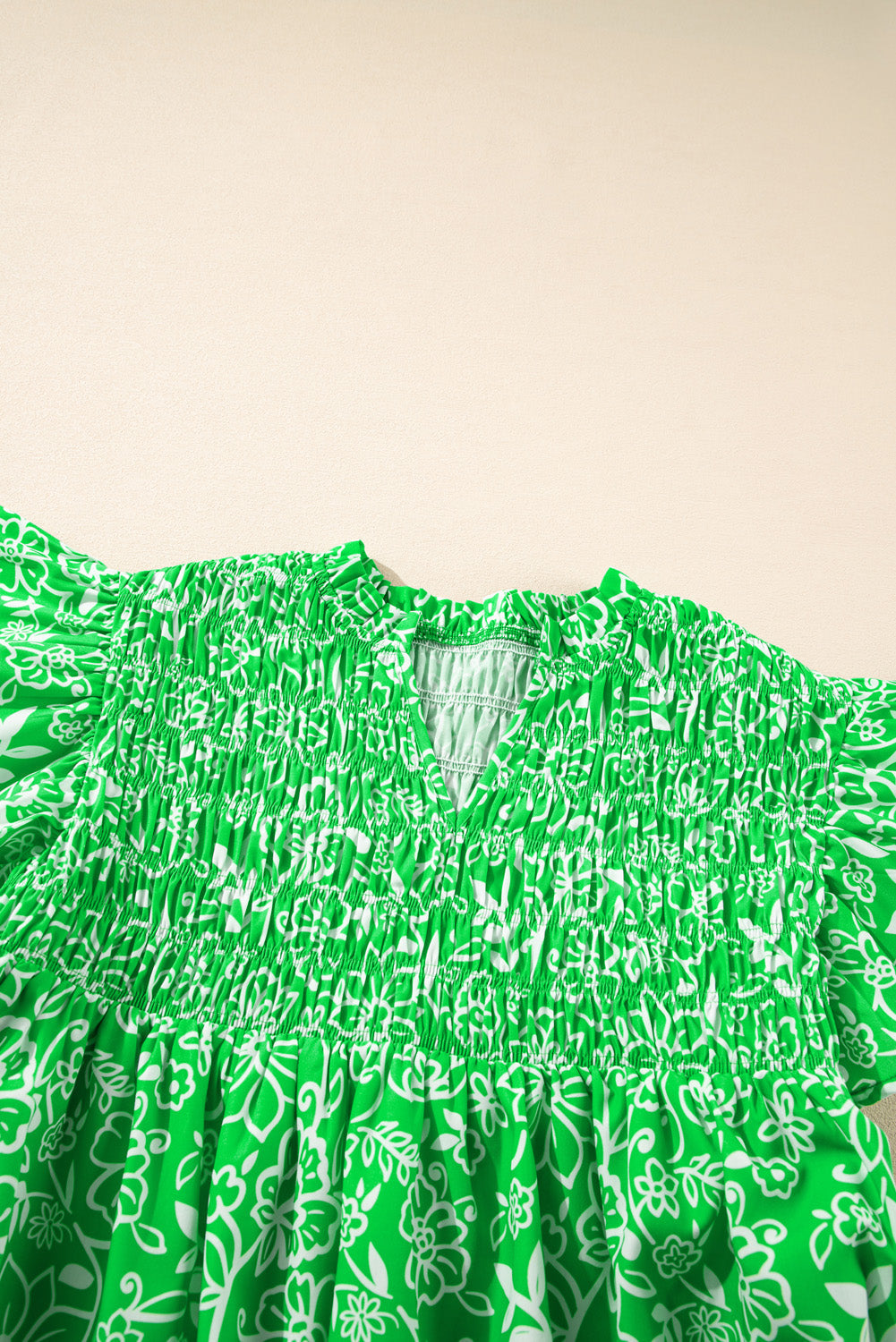 Primakind Green Floral Flutter Sleeve Shirred Notched Neck Plus Size Blouse