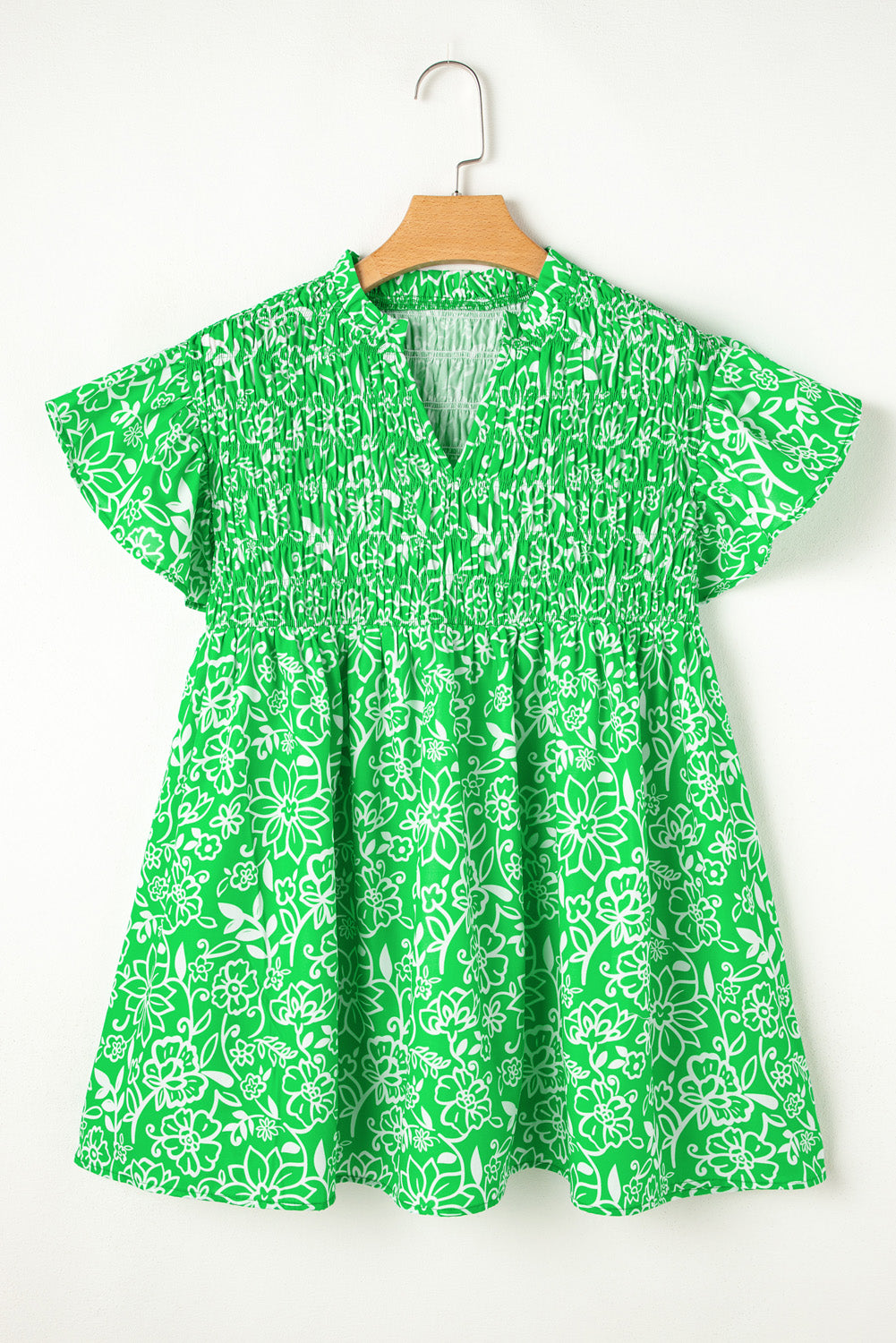 Primakind Green Floral Flutter Sleeve Shirred Notched Neck Plus Size Blouse