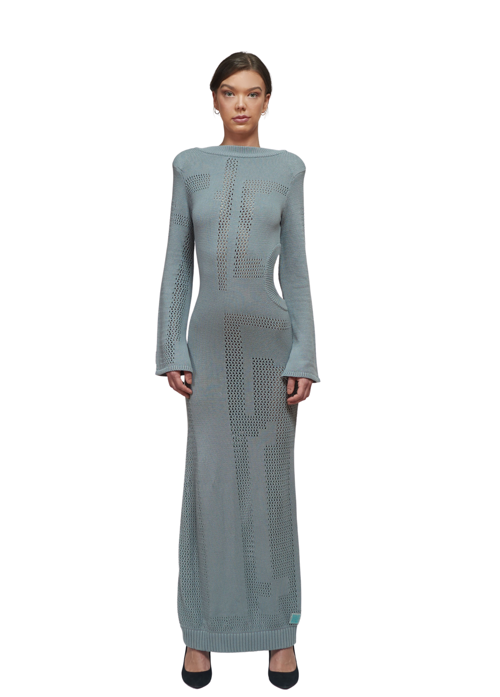 Primakind Zelda Cut Out Knit Maxi Dress With Boat Neck And Long Sleeves
