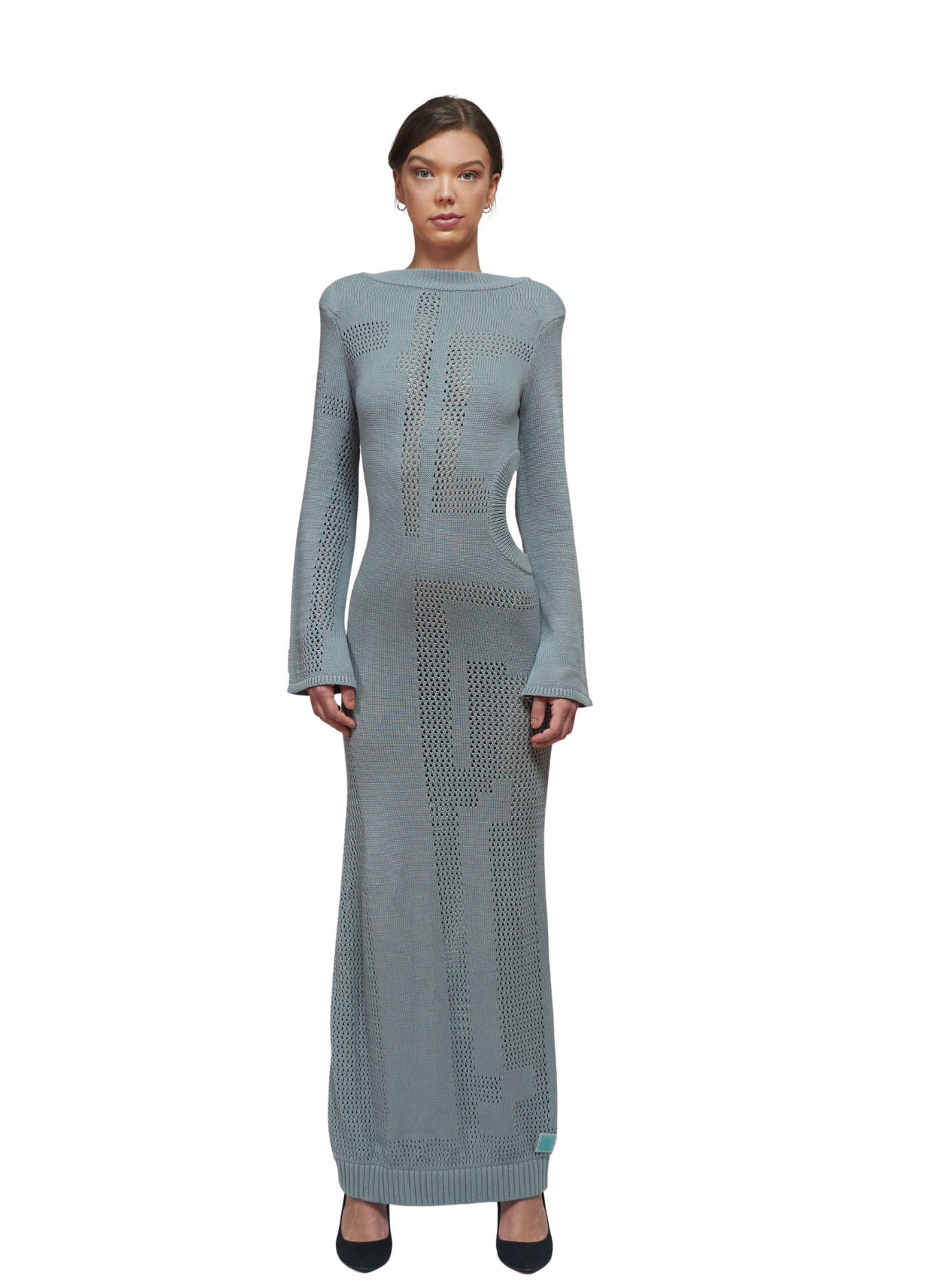 Primakind Zelda Cut Out Knit Maxi Dress With Boat Neck And Long Sleeves