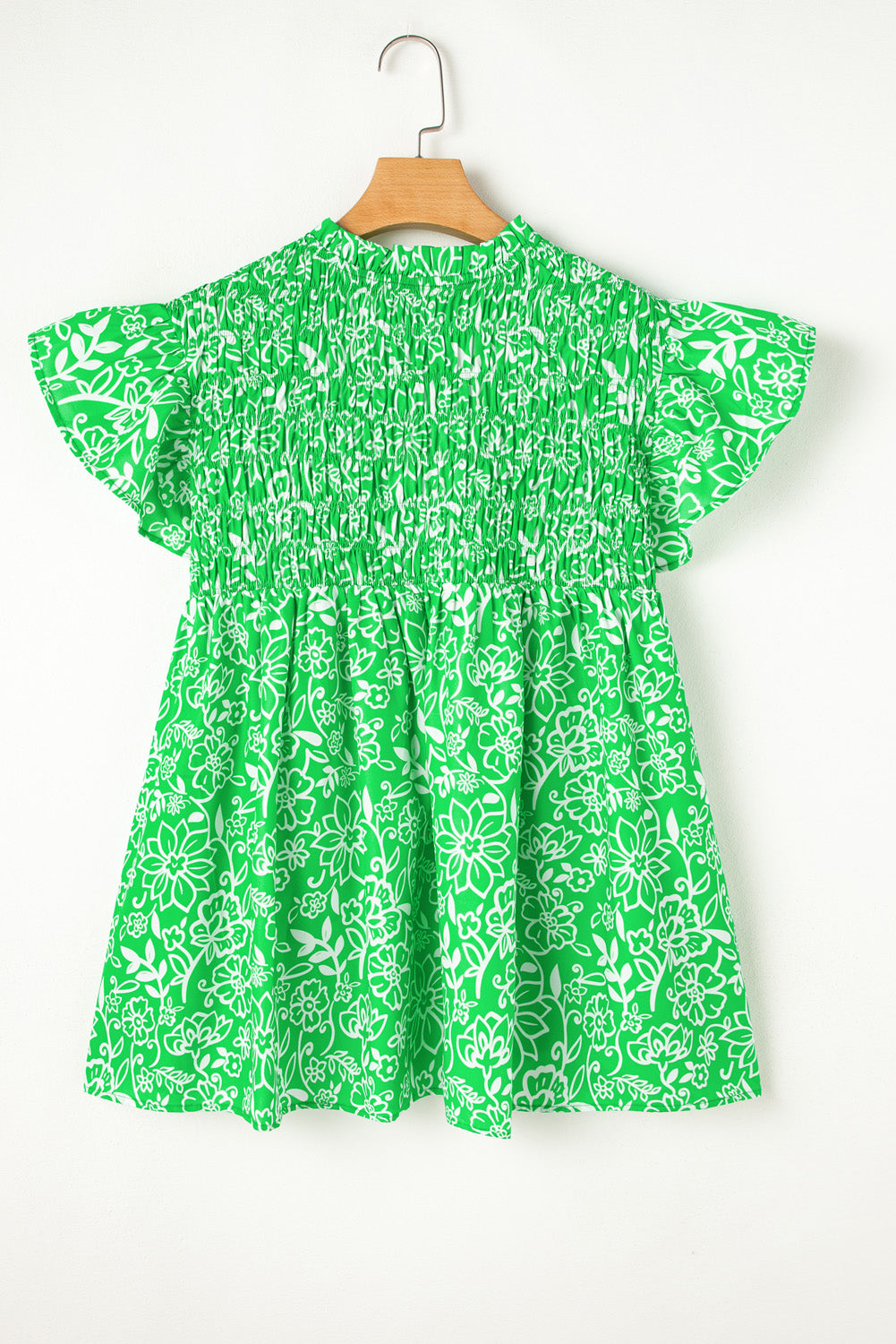 Primakind Green Floral Flutter Sleeve Shirred Notched Neck Plus Size Blouse