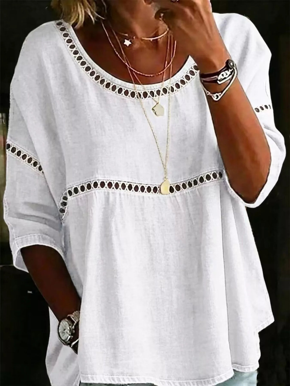 Primakind Full Size Hollow Out Round Neck Top Plus Size