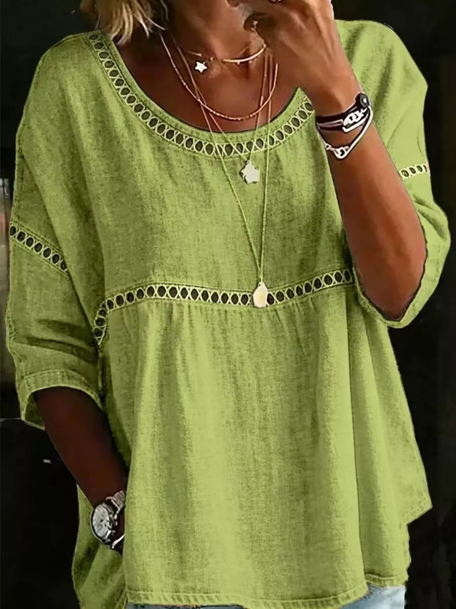 Primakind Full Size Hollow Out Round Neck Top Plus Size