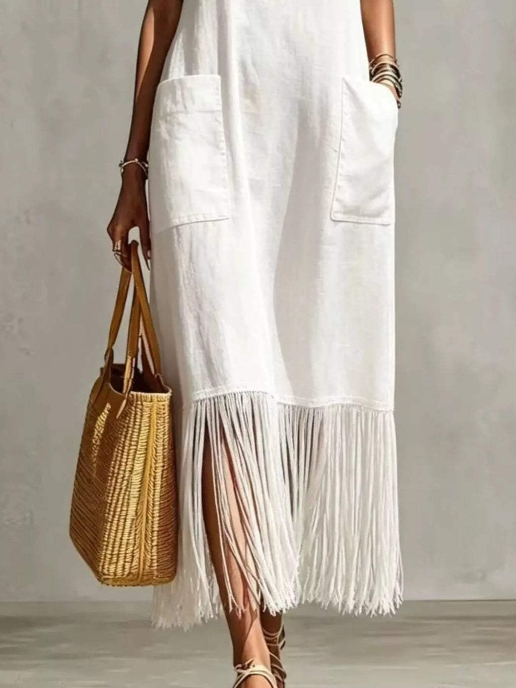 Primakind Full Size Fringe V-Neck Spaghetti Strap Dress Plus Size
