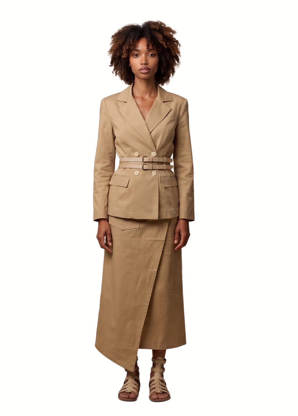Primakind Women's Double Breasted Belter Blazer and Asymmetrical Wrap Skirt Set