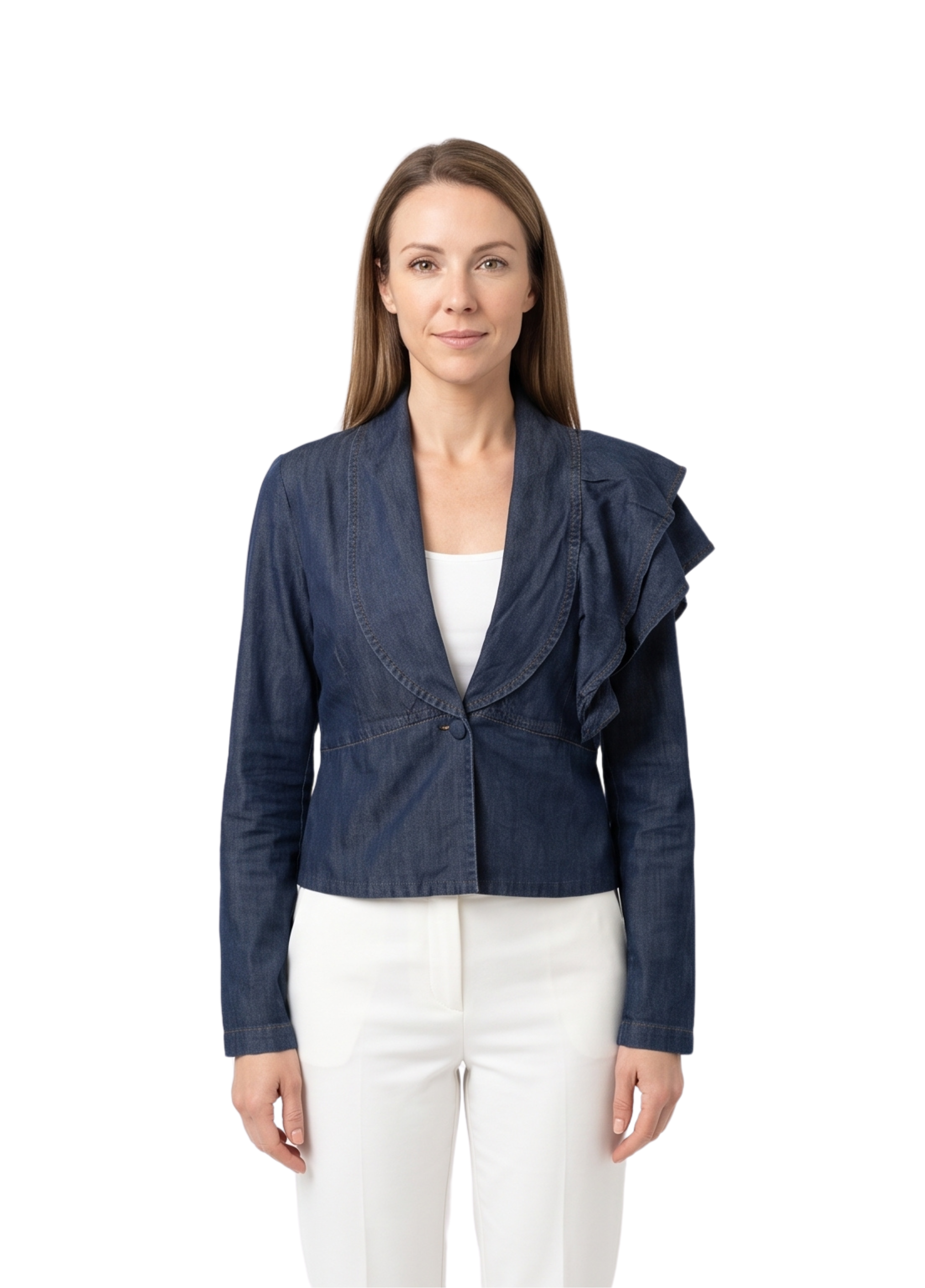 Primakind Women's Ruffled Shoulder Denim Jacket