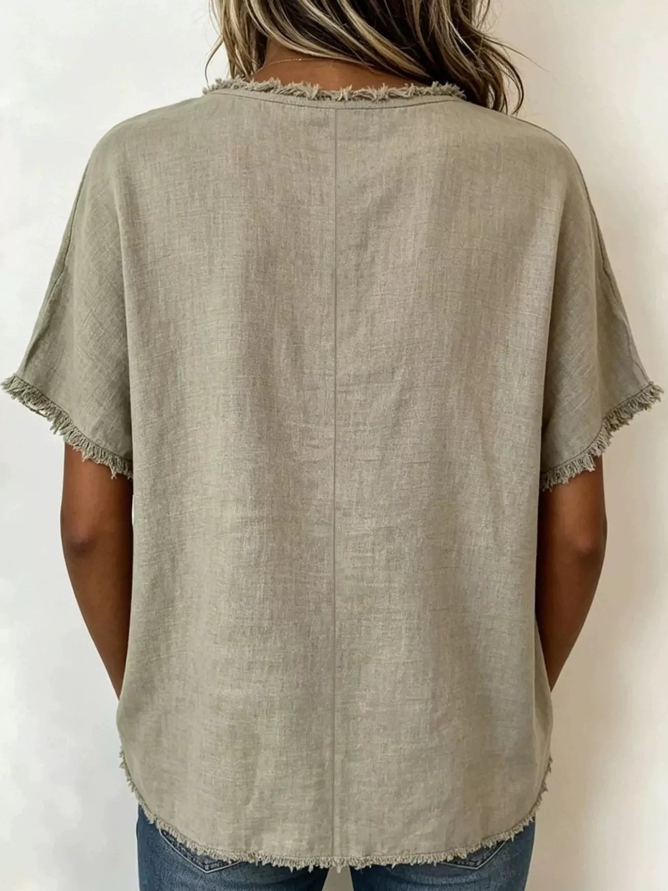 Primakind Full Size Frayed Hem Short Sleeve Top Plus Size