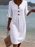 Primakind Full Size Button Decor Ruffle Sleeve Midi Dress Plus Size
