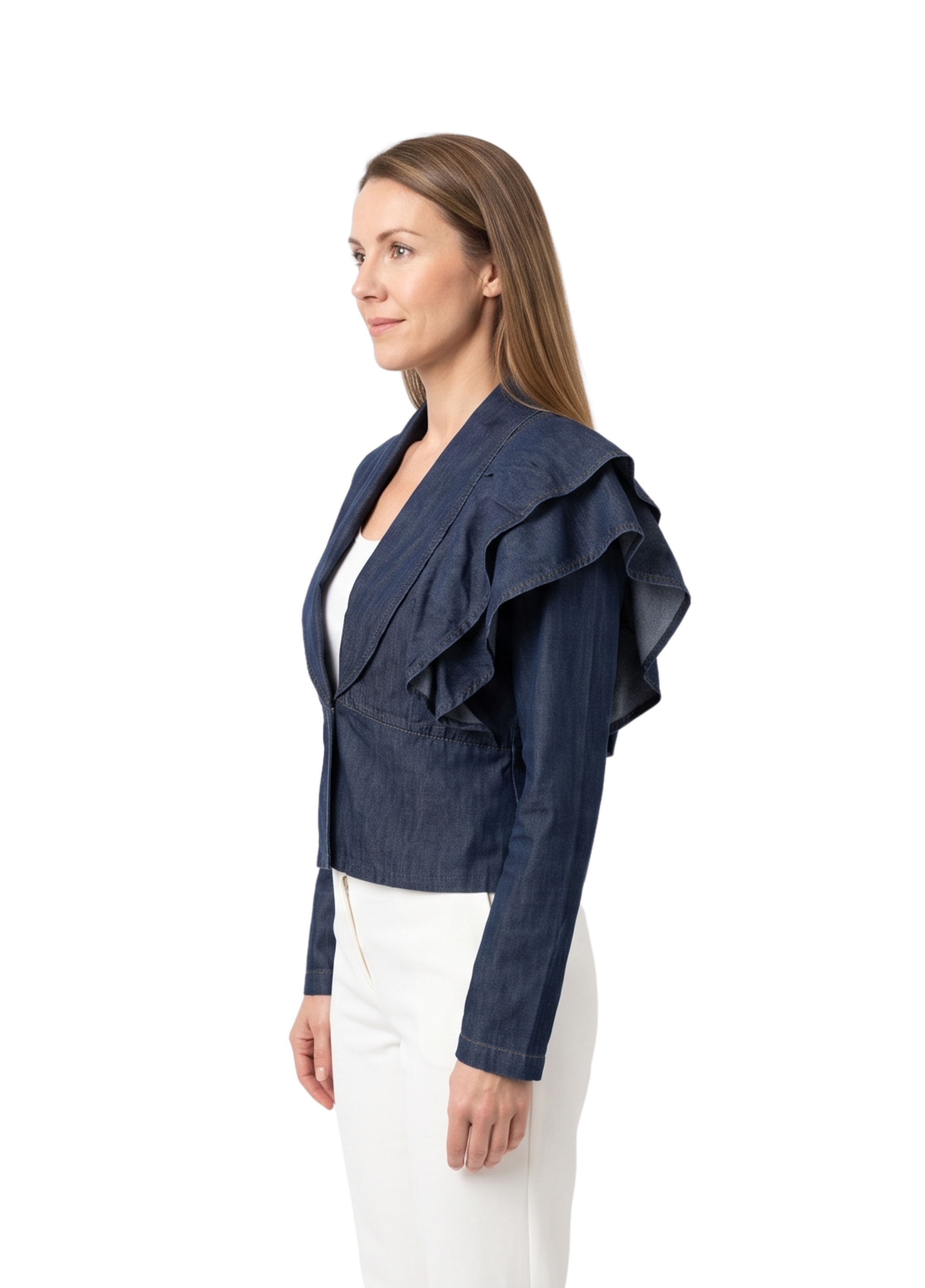 Primakind Women's Ruffled Shoulder Denim Jacket