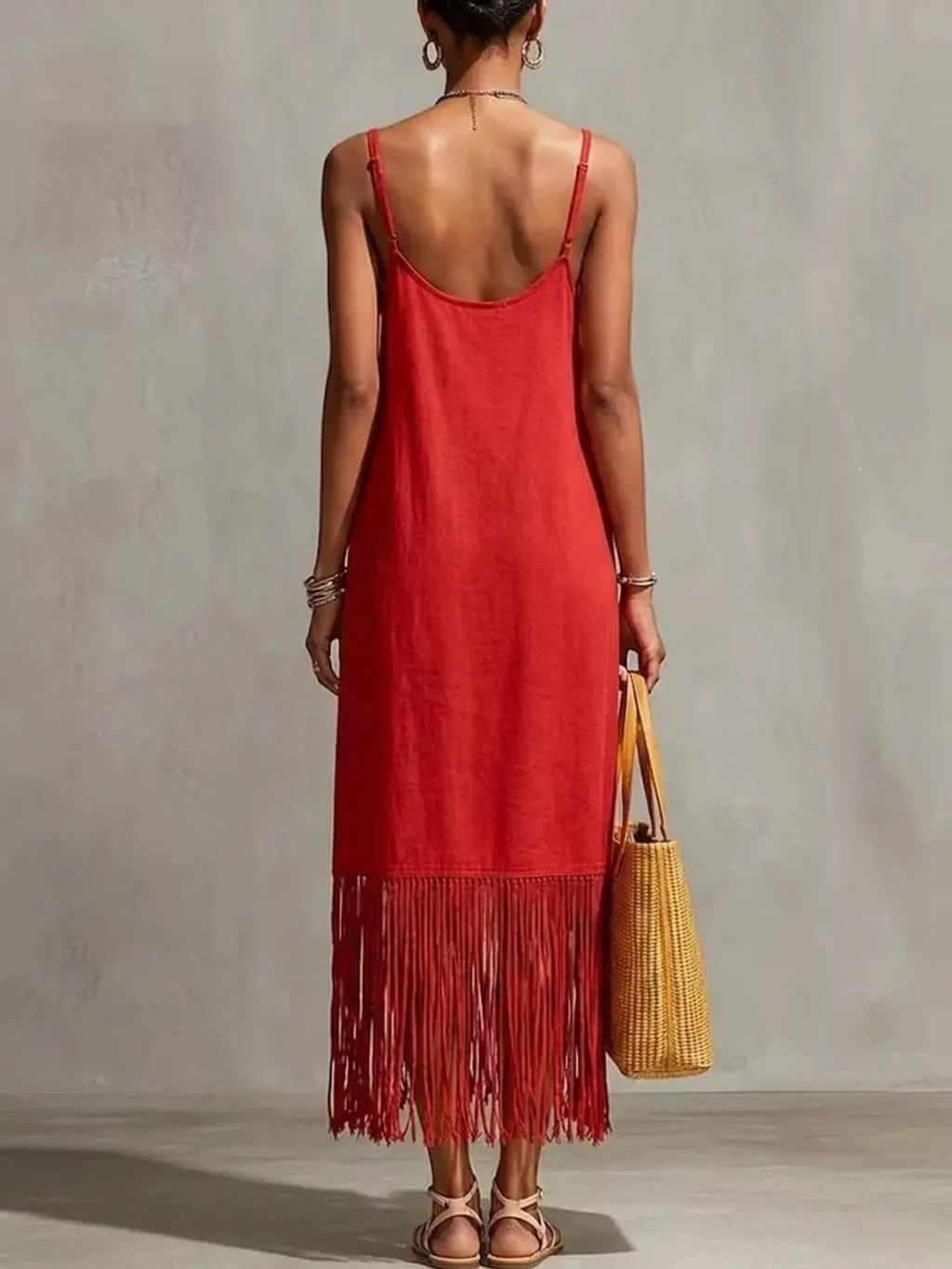Primakind Full Size Fringe V-Neck Spaghetti Strap Dress Plus Size