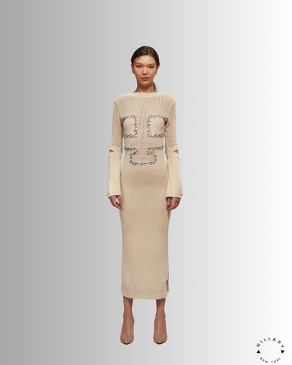 PKF Elara Hand-Embroidered Crystal Mesh Dress