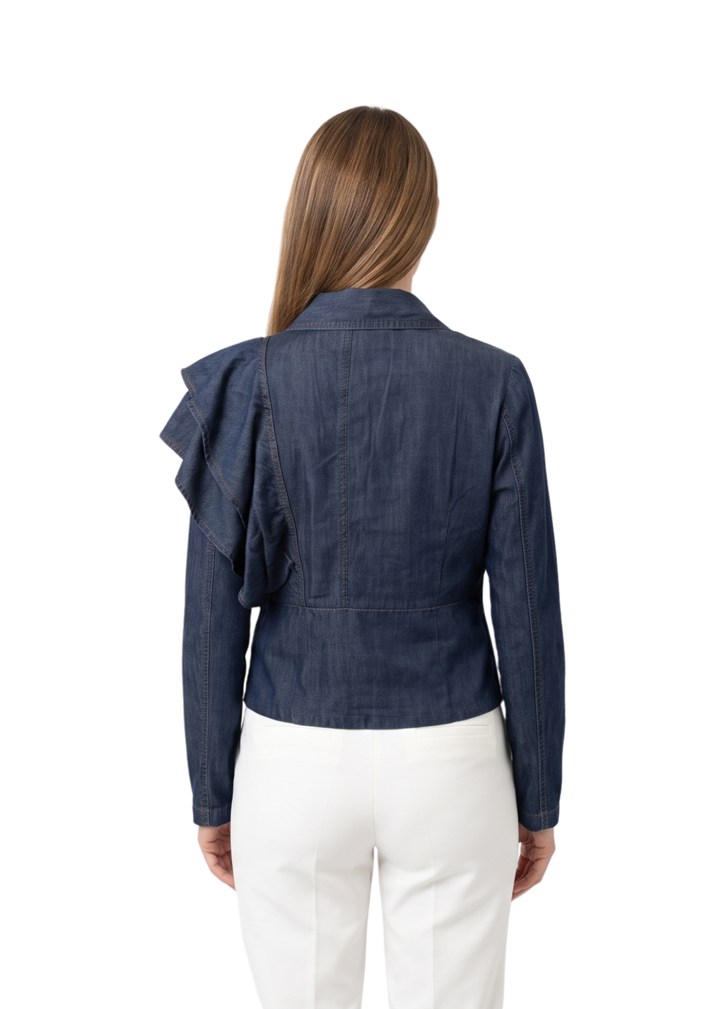 Primakind Women's Ruffled Shoulder Denim Jacket