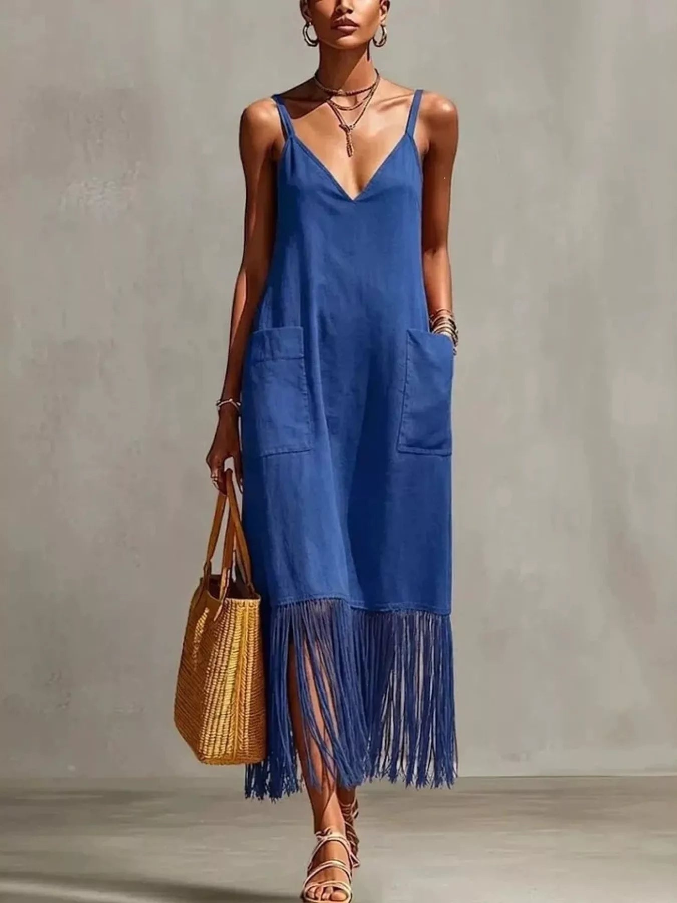 Primakind Full Size Fringe V-Neck Spaghetti Strap Dress Plus Size
