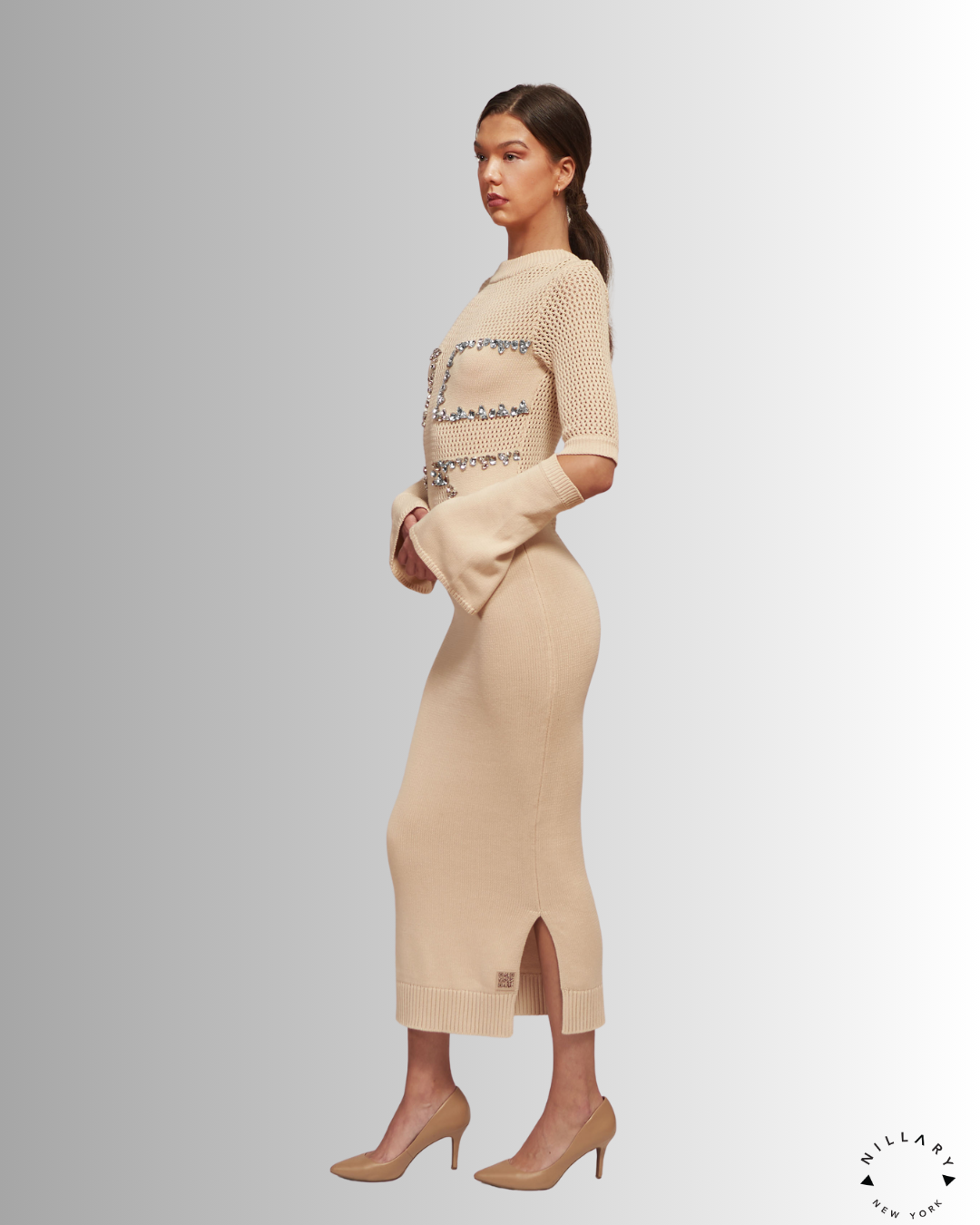 PKF Elara Hand-Embroidered Crystal Mesh Dress