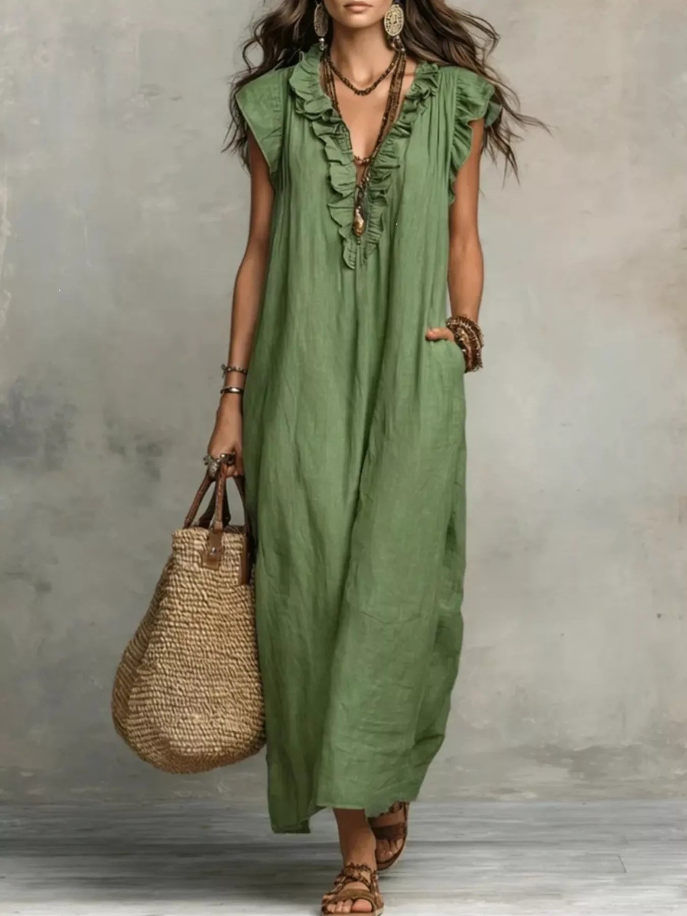 Primakind Full Size Ruffled V-Neck Cap Sleeve Maxi Dress Plus Size