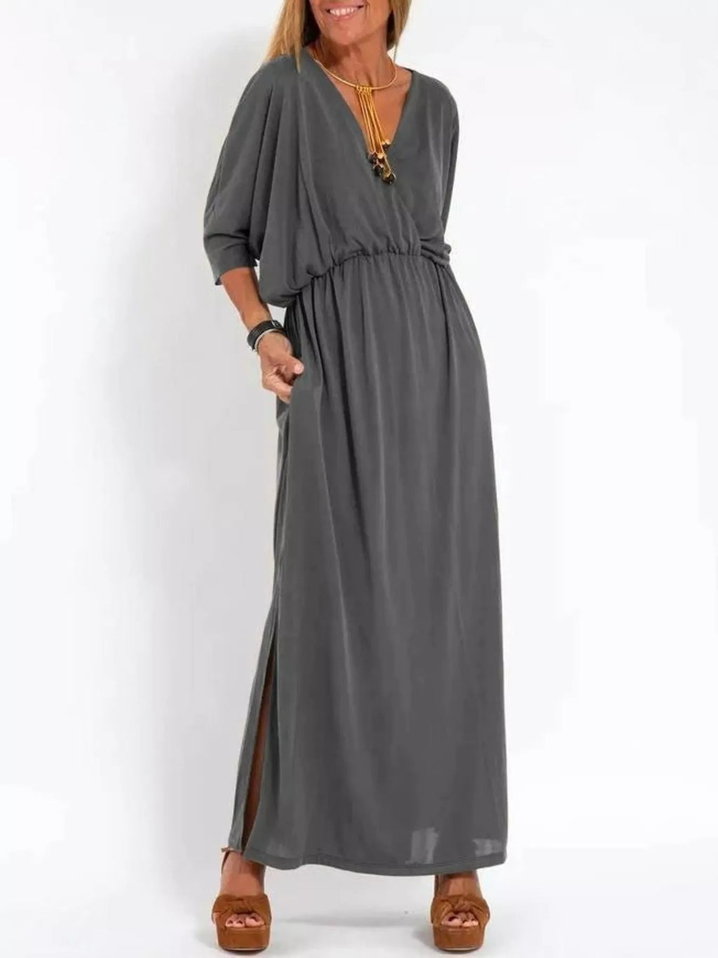 Primakind Full Size V-Neck Batwing Sleeve Maxi Dress Plus Size