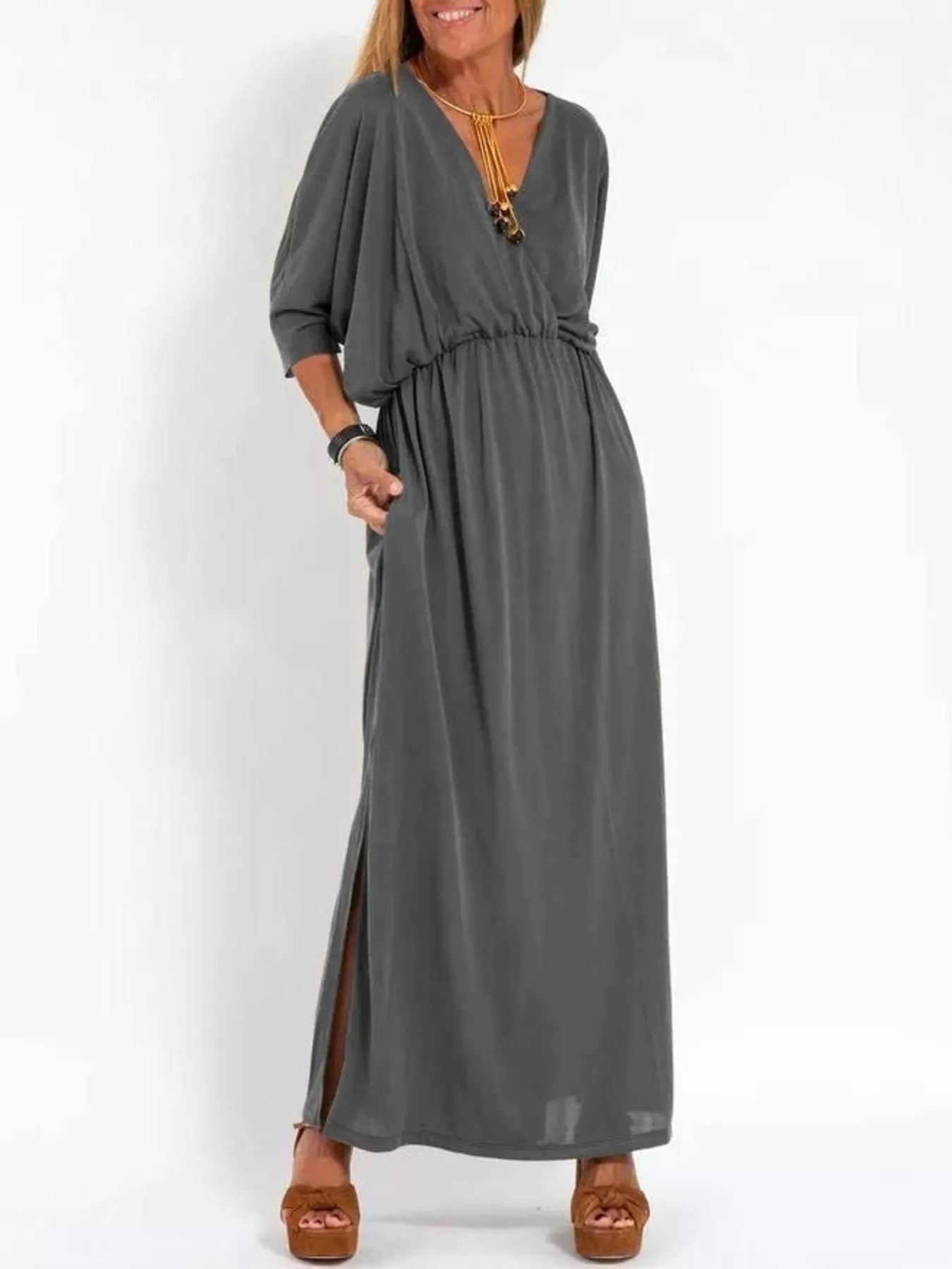 Primakind Full Size V-Neck Batwing Sleeve Maxi Dress Plus Size