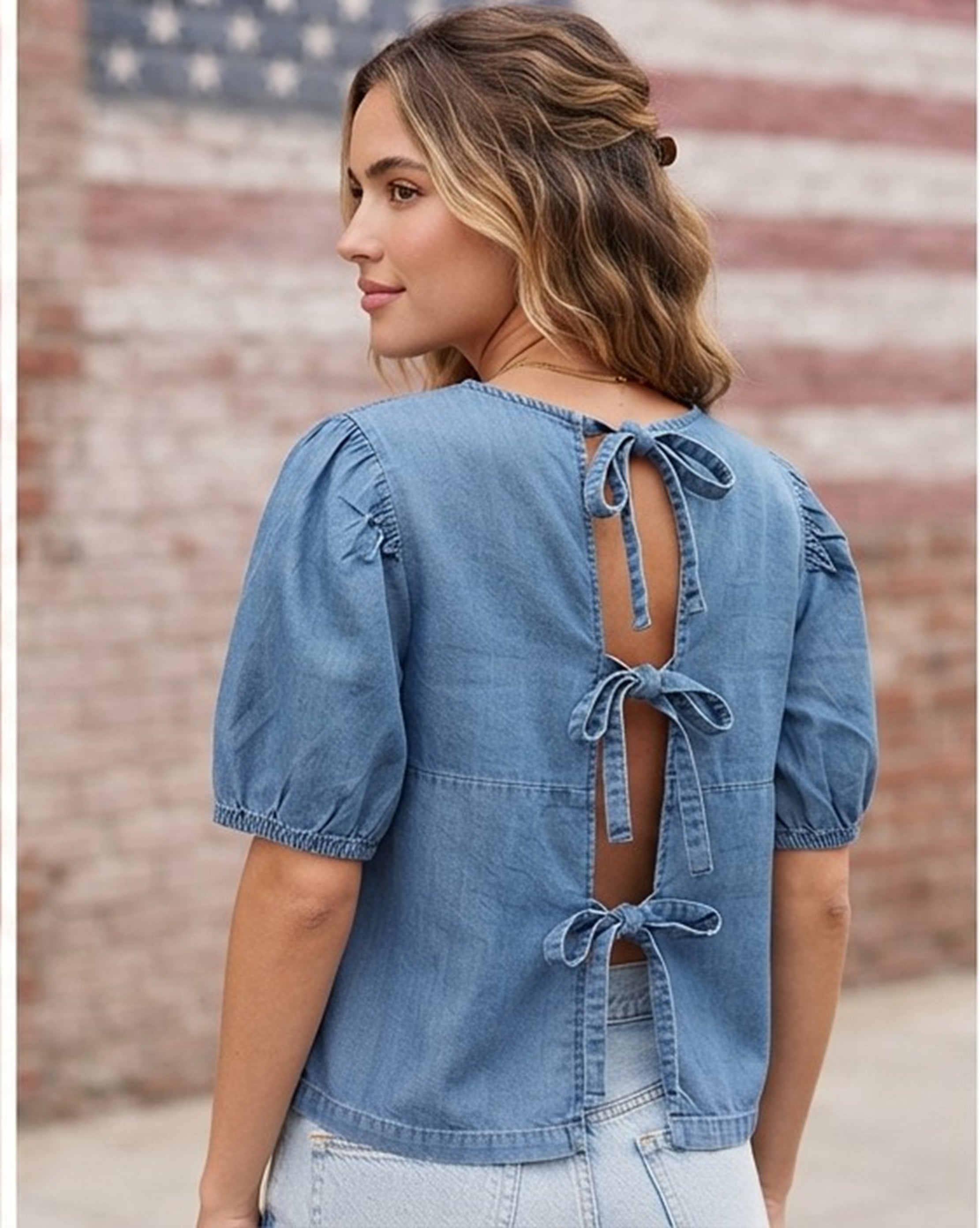 Primakind Women's Casual Puff Sleeve Denim Top
