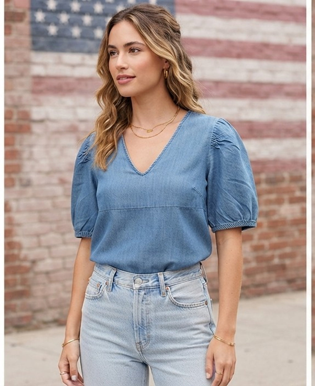 Primakind Women's Casual Puff Sleeve Denim Top