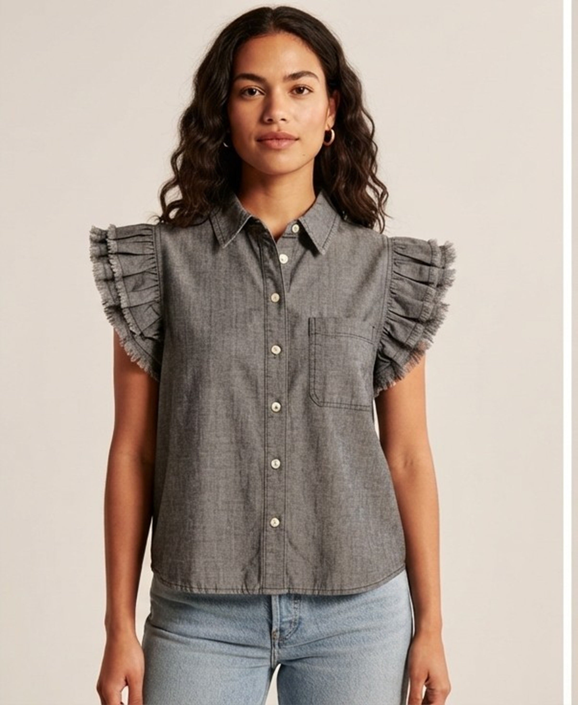 Primakind Denim Look Ruffled Short Sleeve Top
