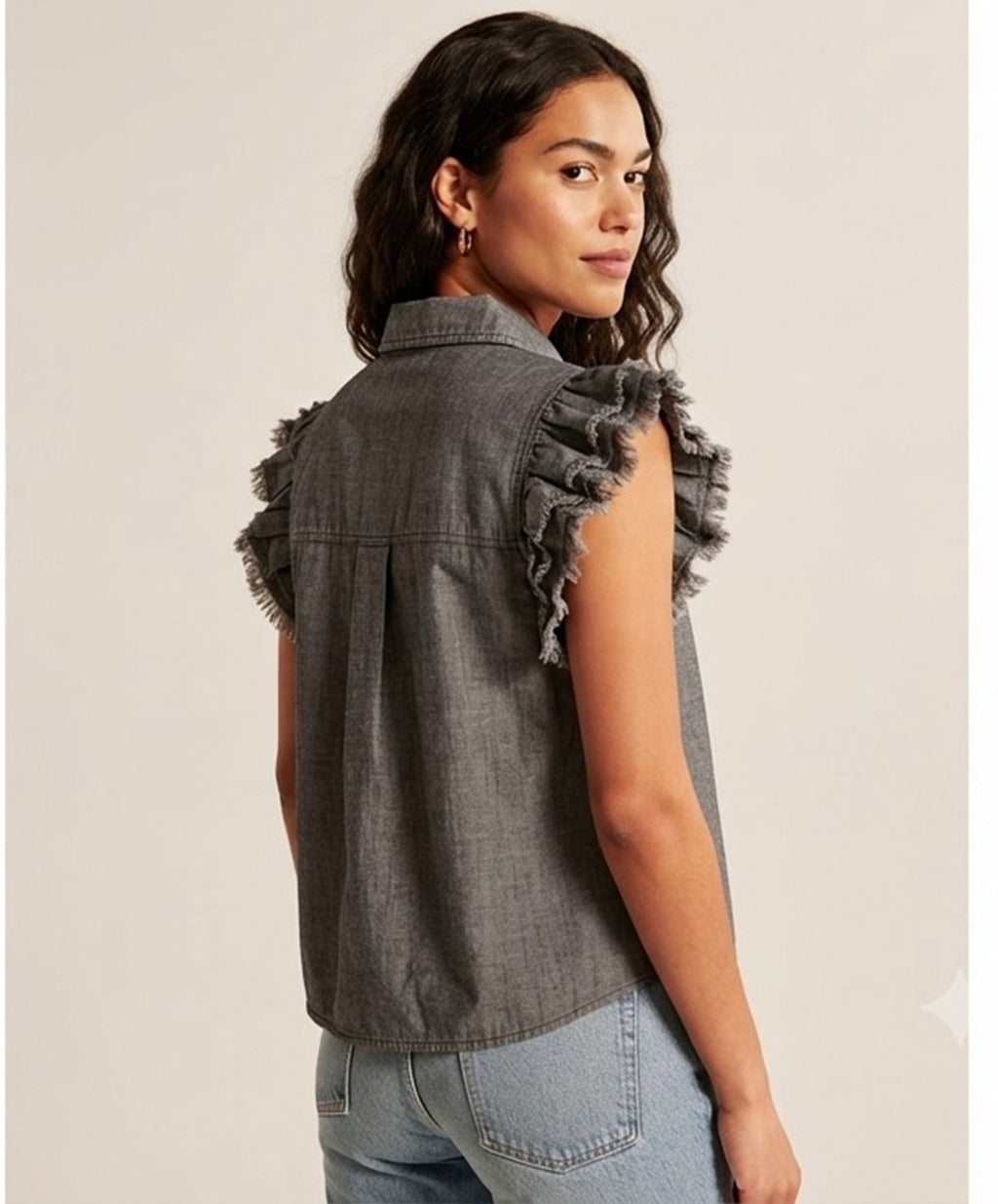 Primakind Denim Look Ruffled Short Sleeve Top