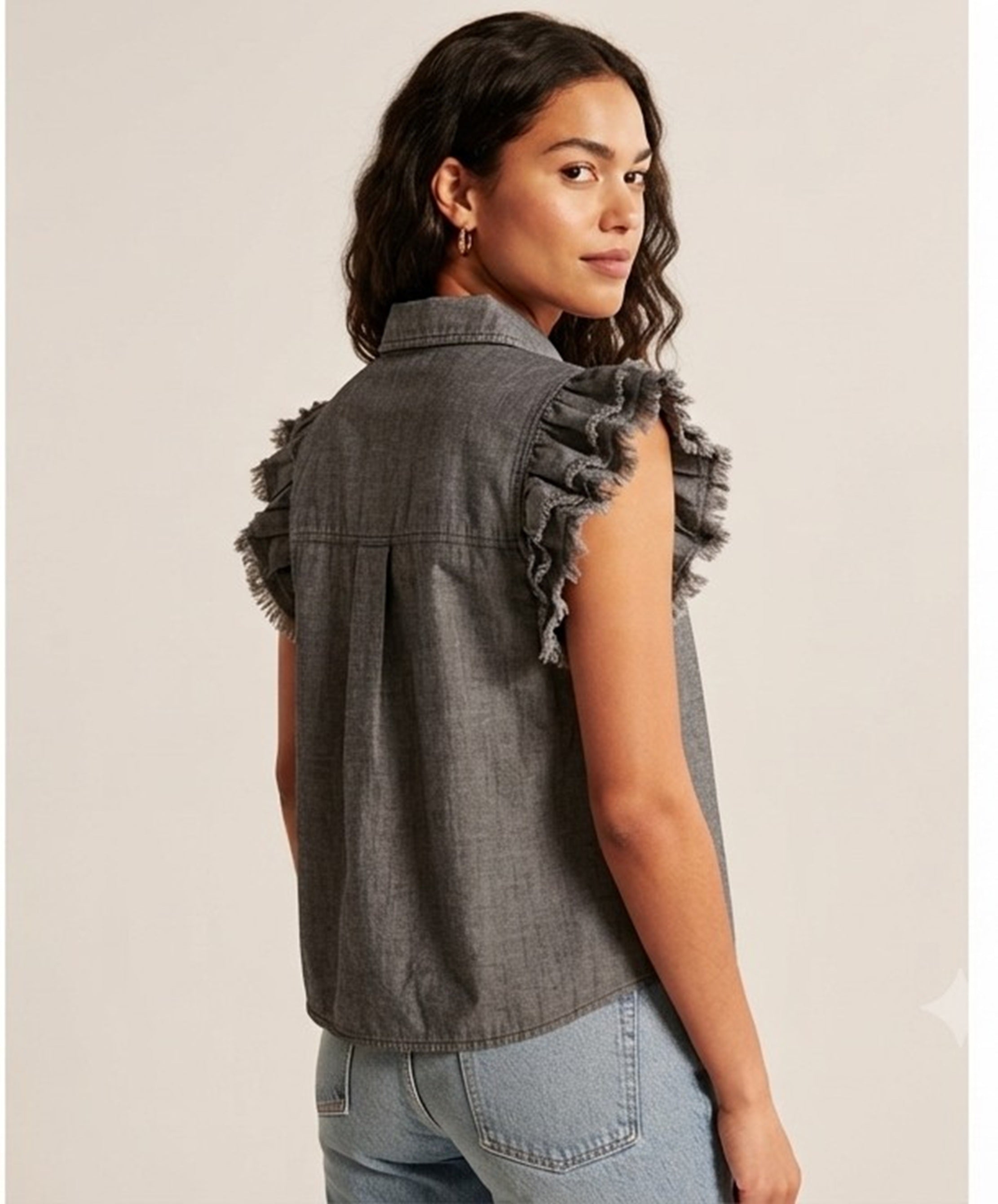 Primakind Denim Look Ruffled Short Sleeve Top