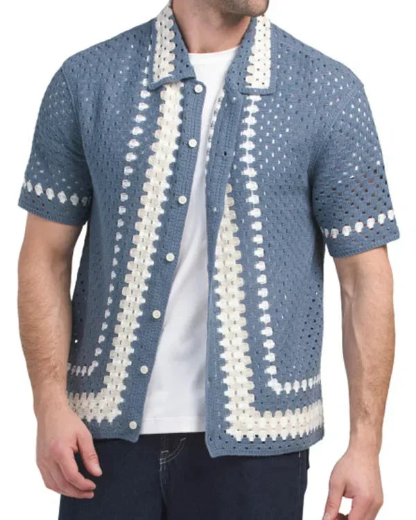 Bachelor In Paradise S10 Spencer Conley Blue Crochet Knit Shirt