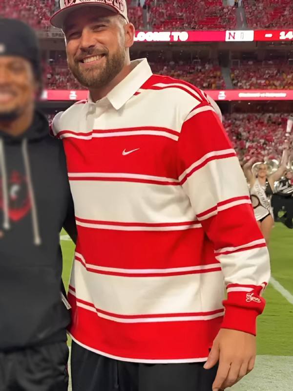 Cincinnati vs Nebraska Game Travis Kelce Red Striped Rugby Shirt
