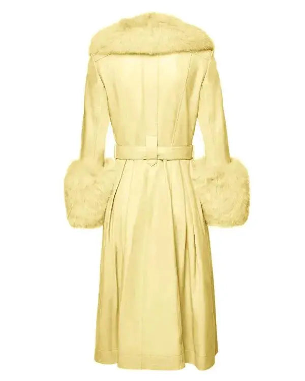 Elsbeth S03 Carrie Preston Fur Trim Yellow Leather Coat