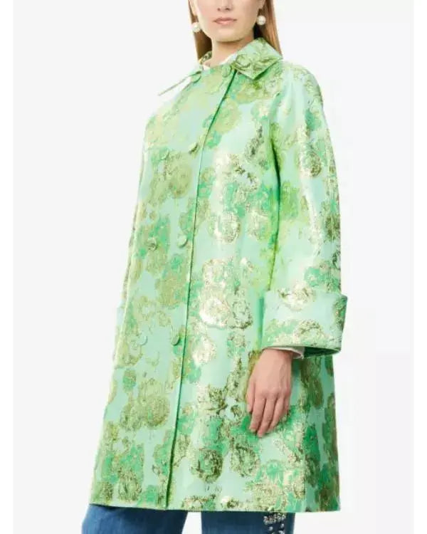 Emily In Paris S05 Lily Collins Green Floral Jacquard Coat