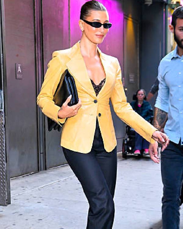 Hailey Bieber The Rhode x Sephora launch NYC Beige Leather Blazer