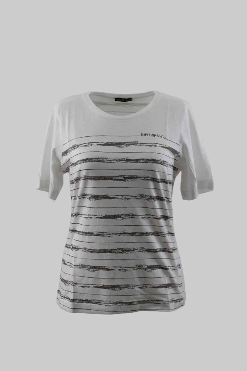 A white short-sleeve crewneck t-shirt with horizontal distressed gray stripes across the chest, displayed on a mannequin torso against a white fabric backdrop.