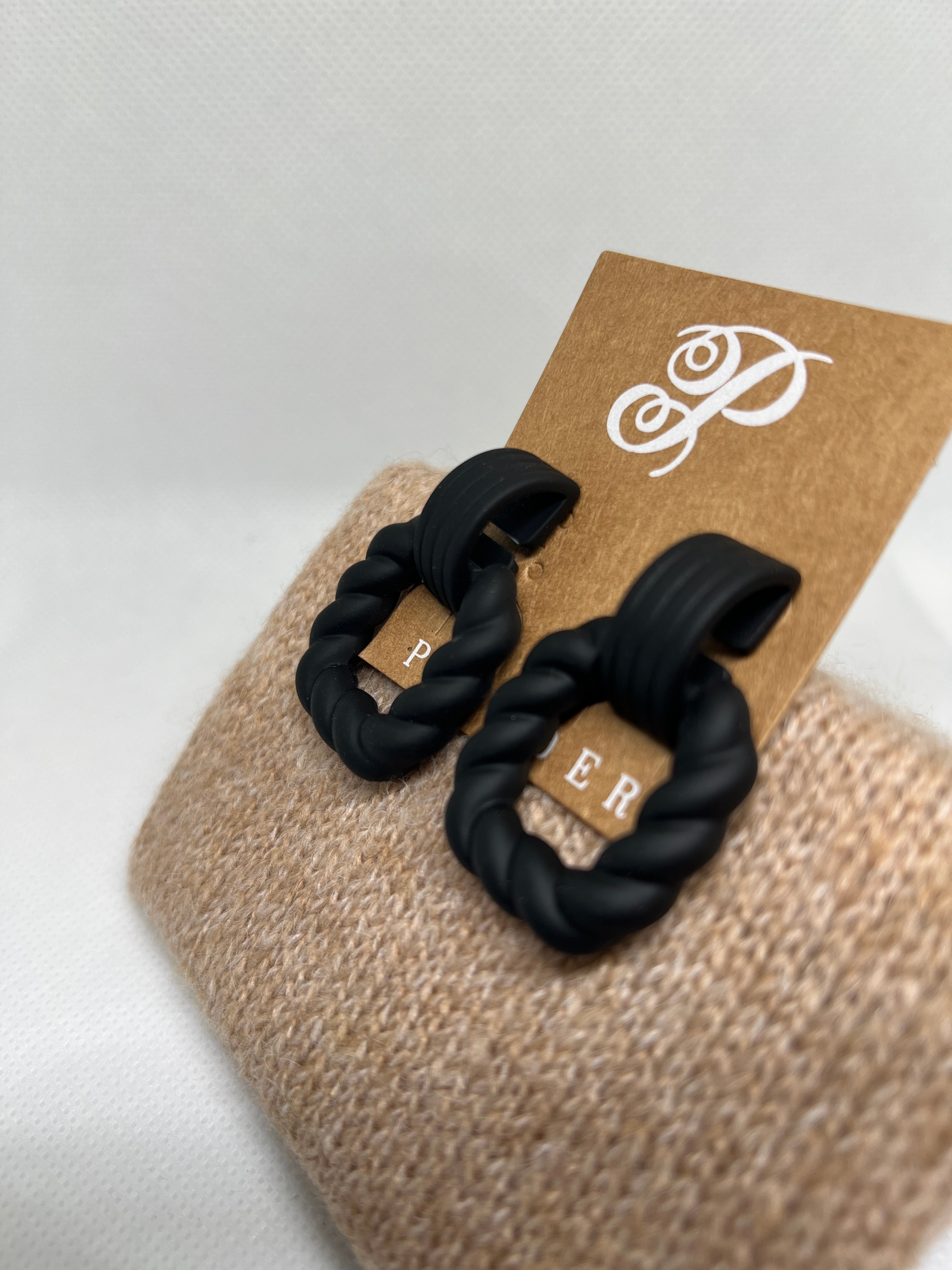 Black Twisted Rope Hoop Earrings – Matte Finish