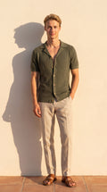 Men's Knitted Cuban Collar Shirt - Short Sleeve Button Open Shirt in Olive