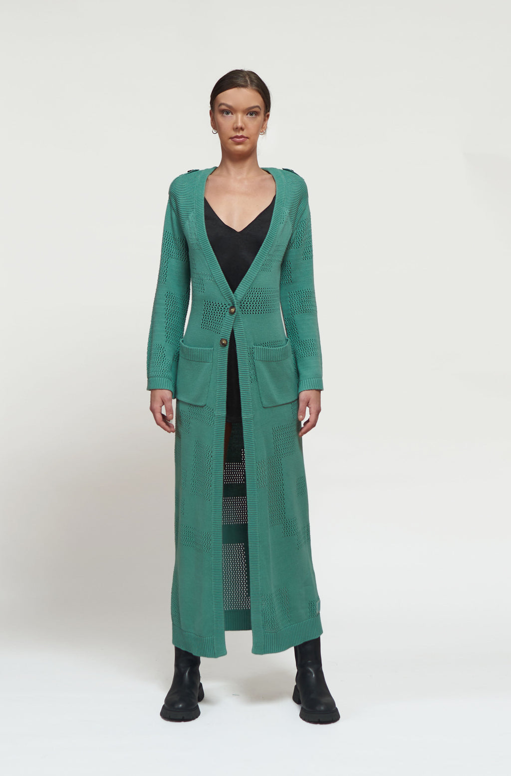 Primakind Joviana Shoulder Padded Long Cardigan With Fared Sleeves,
