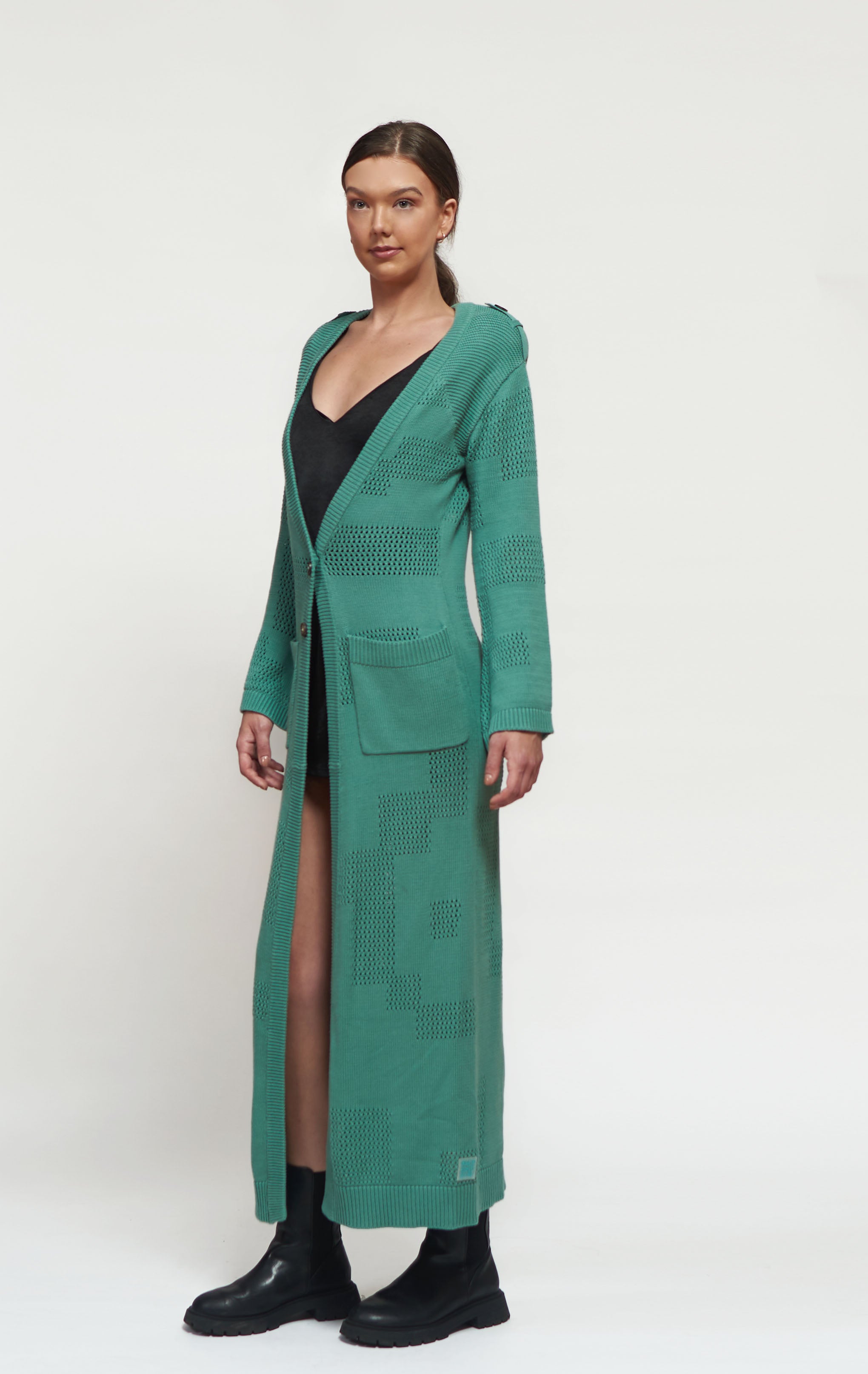 Primakind Joviana Shoulder Padded Long Cardigan With Fared Sleeves,