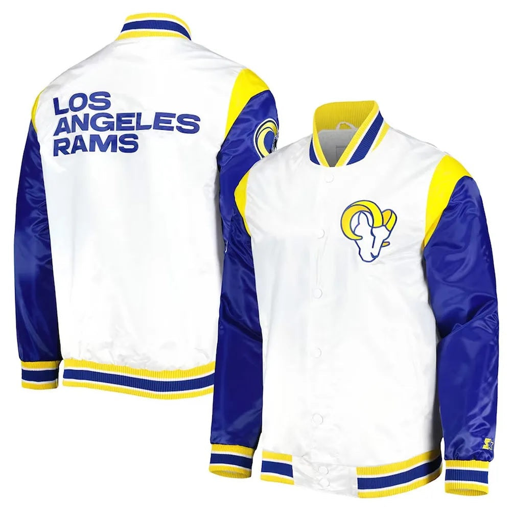 LA Rams Throwback Warm Up Pitch Varsity Satin Jacket