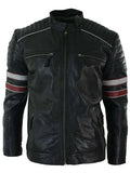 Men’s Black Red & White Stripes Moto Leather Jacket